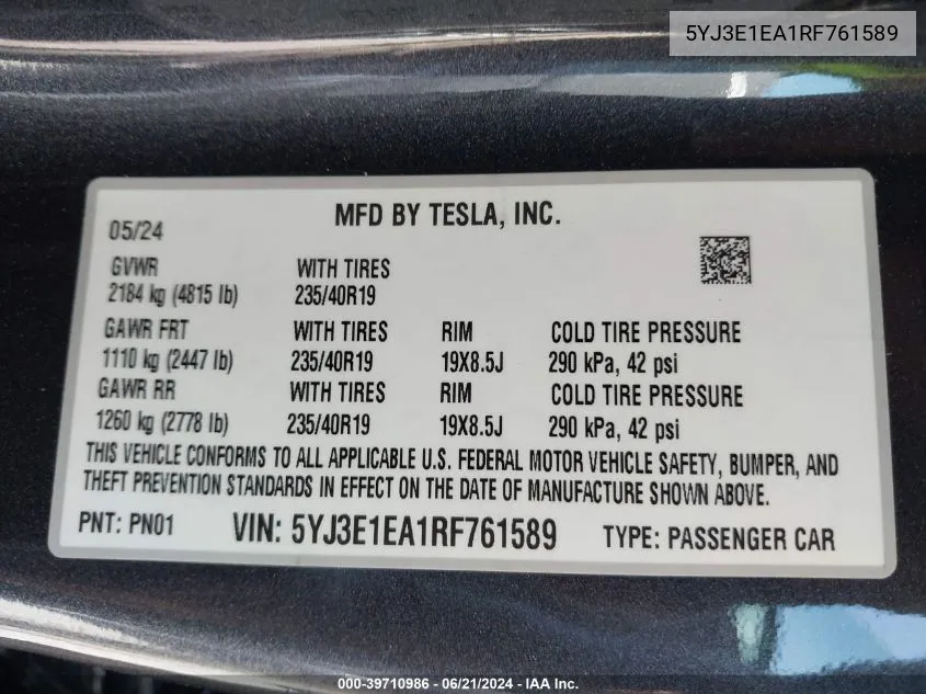 5YJ3E1EA1RF761589 2024 Tesla Model 3 Rear-Wheel Drive