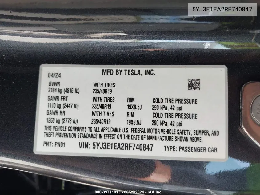 5YJ3E1EA2RF740847 2024 Tesla Model 3 Rear-Wheel Drive