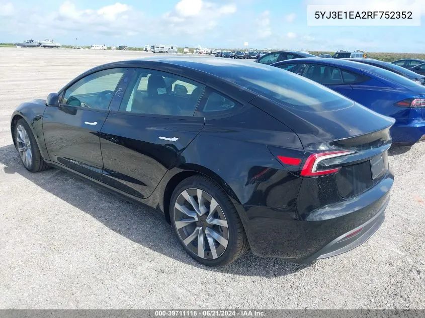 5YJ3E1EA2RF752352 2024 Tesla Model 3 Rear-Wheel Drive