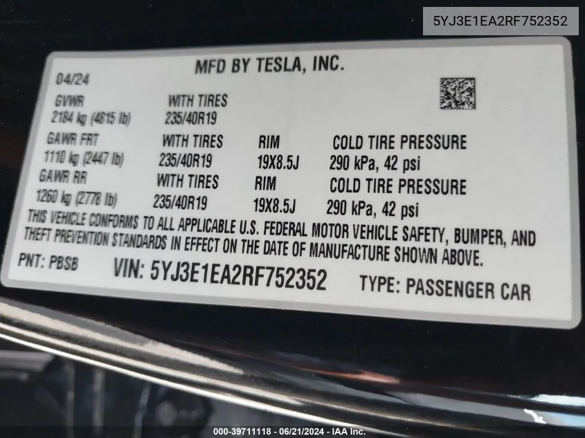 5YJ3E1EA2RF752352 2024 Tesla Model 3 Rear-Wheel Drive