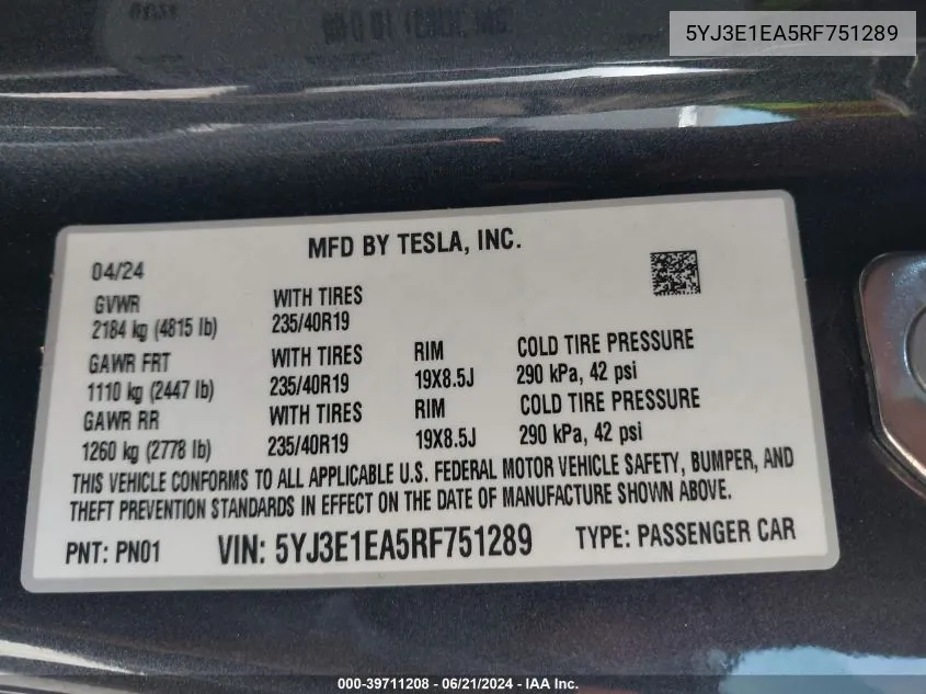 5YJ3E1EA5RF751289 2024 Tesla Model 3 Rear-Wheel Drive