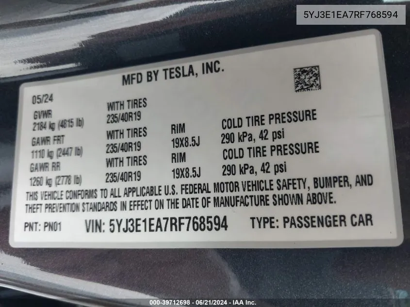 5YJ3E1EA7RF768594 2024 Tesla Model 3 Rear-Wheel Drive