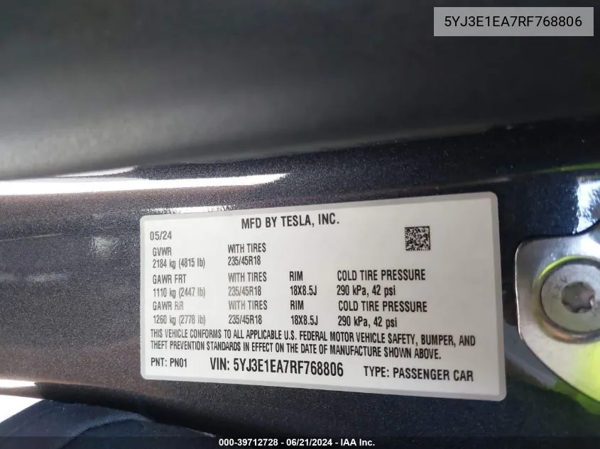 5YJ3E1EA7RF768806 2024 Tesla Model 3 Rear-Wheel Drive