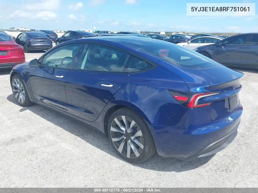 5YJ3E1EA8RF751061 2024 Tesla Model 3 Rear-Wheel Drive