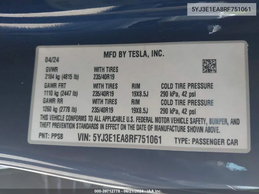 5YJ3E1EA8RF751061 2024 Tesla Model 3 Rear-Wheel Drive