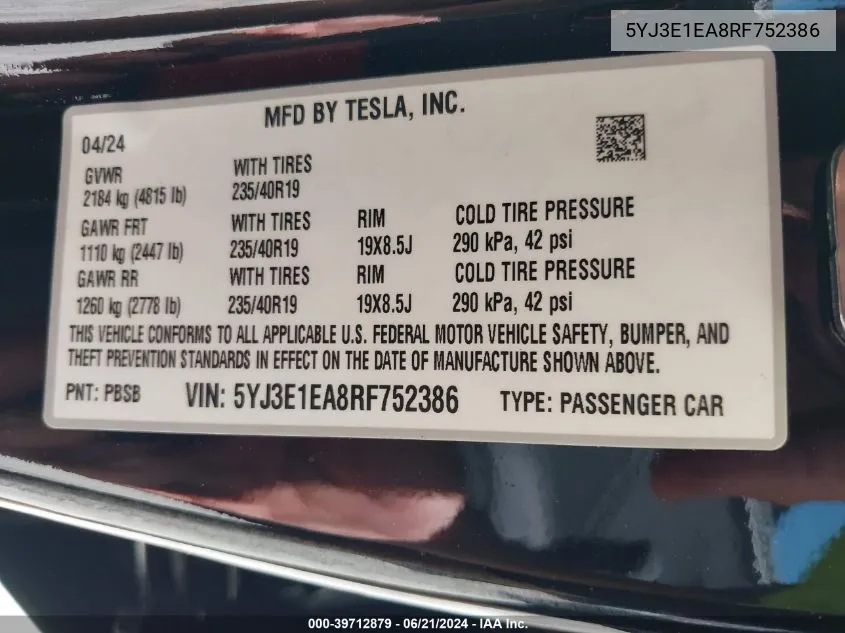 5YJ3E1EA8RF752386 2024 Tesla Model 3 Rear-Wheel Drive