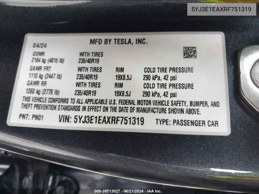 5YJ3E1EAXRF751319 2024 Tesla Model 3 Rear-Wheel Drive