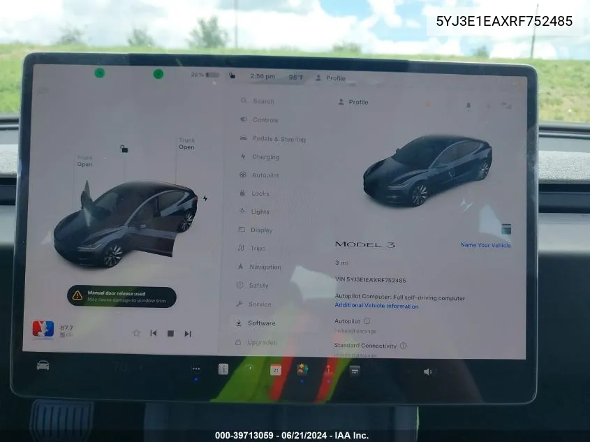 2024 Tesla Model 3 Rear-Wheel Drive VIN: 5YJ3E1EAXRF752485 Lot: 39713059