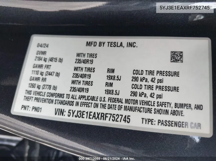 5YJ3E1EAXRF752745 2024 Tesla Model 3 Rear-Wheel Drive