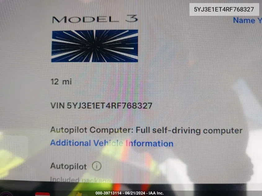 5YJ3E1ET4RF768327 2024 Tesla Model 3