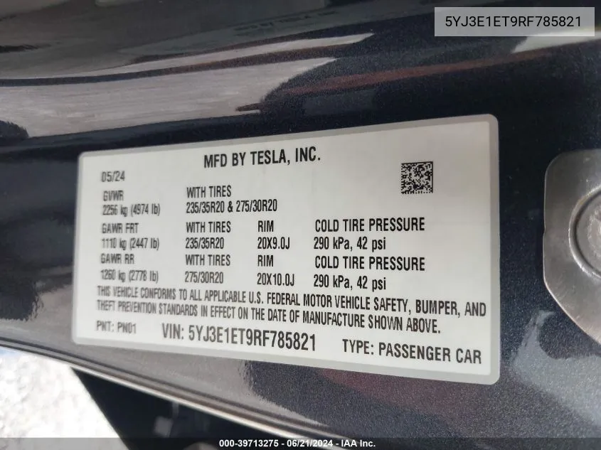 5YJ3E1ET9RF785821 2024 Tesla Model 3