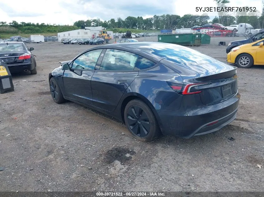 2024 Tesla Model 3 Rear-Wheel Drive VIN: 5YJ3E1EA5RF761952 Lot: 39721522