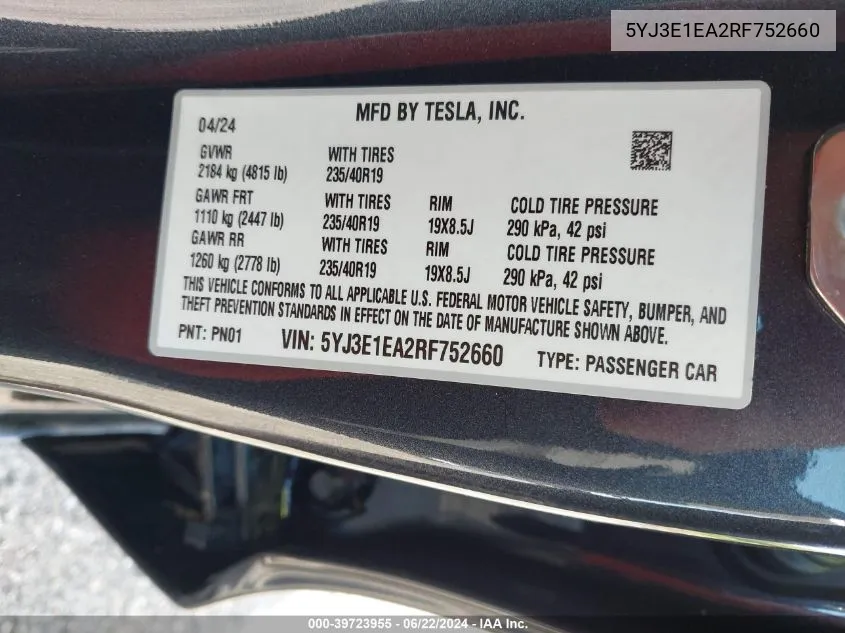 5YJ3E1EA2RF752660 2024 Tesla Model 3 Rear-Wheel Drive