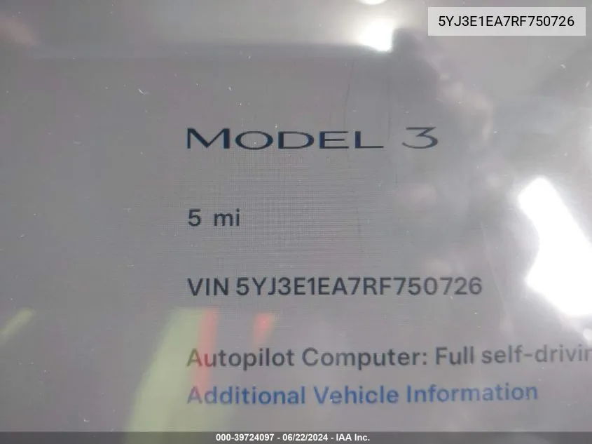 2024 Tesla Model 3 Rear-Wheel Drive VIN: 5YJ3E1EA7RF750726 Lot: 39724097