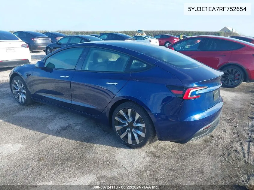 5YJ3E1EA7RF752654 2024 Tesla Model 3 Rear-Wheel Drive