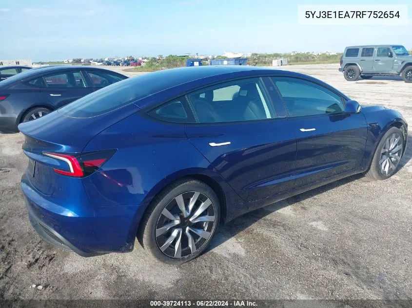 5YJ3E1EA7RF752654 2024 Tesla Model 3 Rear-Wheel Drive