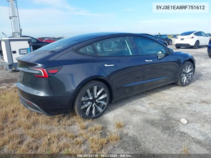 5YJ3E1EA8RF751612 2024 Tesla Model 3 Rear-Wheel Drive