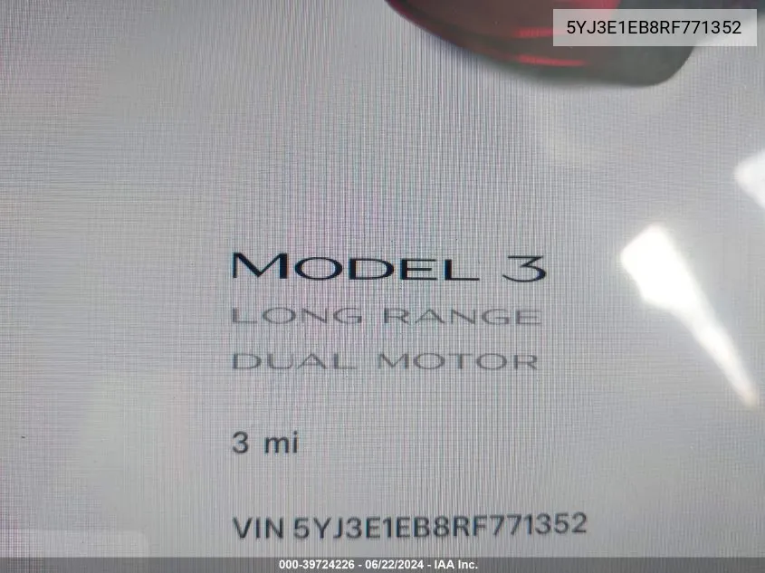 2024 Tesla Model 3 Long Range Dual Motor All-Wheel Drive VIN: 5YJ3E1EB8RF771352 Lot: 39724226