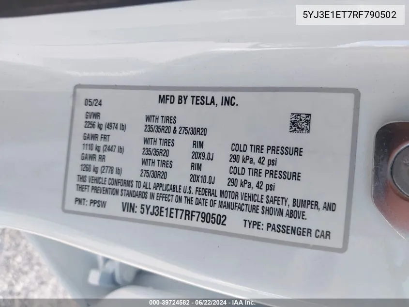 5YJ3E1ET7RF790502 2024 Tesla Model 3