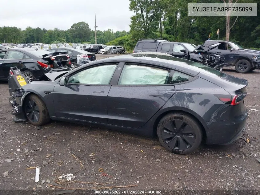 2024 Tesla Model 3 Rear-Wheel Drive VIN: 5YJ3E1EA8RF735099 Lot: 39875262