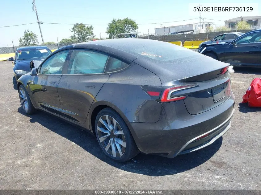 2024 Tesla Model 3 Long Range Dual Motor All-Wheel Drive VIN: 5YJ3E1EB6RF736129 Lot: 39930610