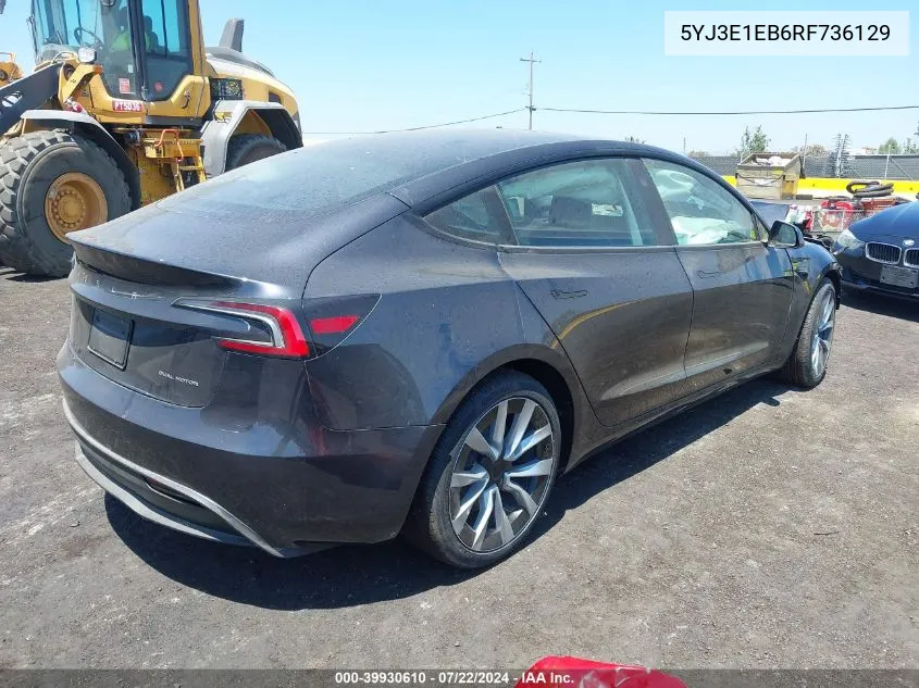 2024 Tesla Model 3 Long Range Dual Motor All-Wheel Drive VIN: 5YJ3E1EB6RF736129 Lot: 39930610