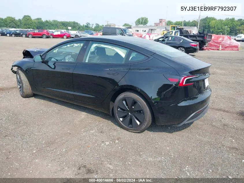 2024 Tesla Model 3 Long Range Dual Motor All-Wheel Drive VIN: 5YJ3E1EB9RF792307 Lot: 40014686