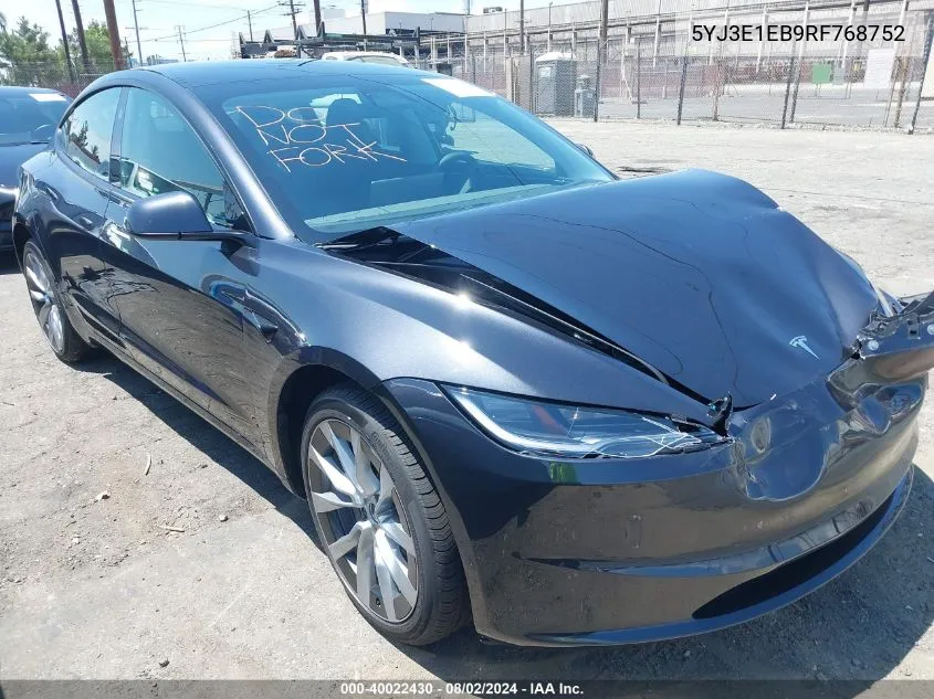 2024 Tesla Model 3 Long Range Dual Motor All-Wheel Drive VIN: 5YJ3E1EB9RF768752 Lot: 40022430