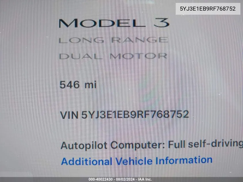 2024 Tesla Model 3 Long Range Dual Motor All-Wheel Drive VIN: 5YJ3E1EB9RF768752 Lot: 40022430