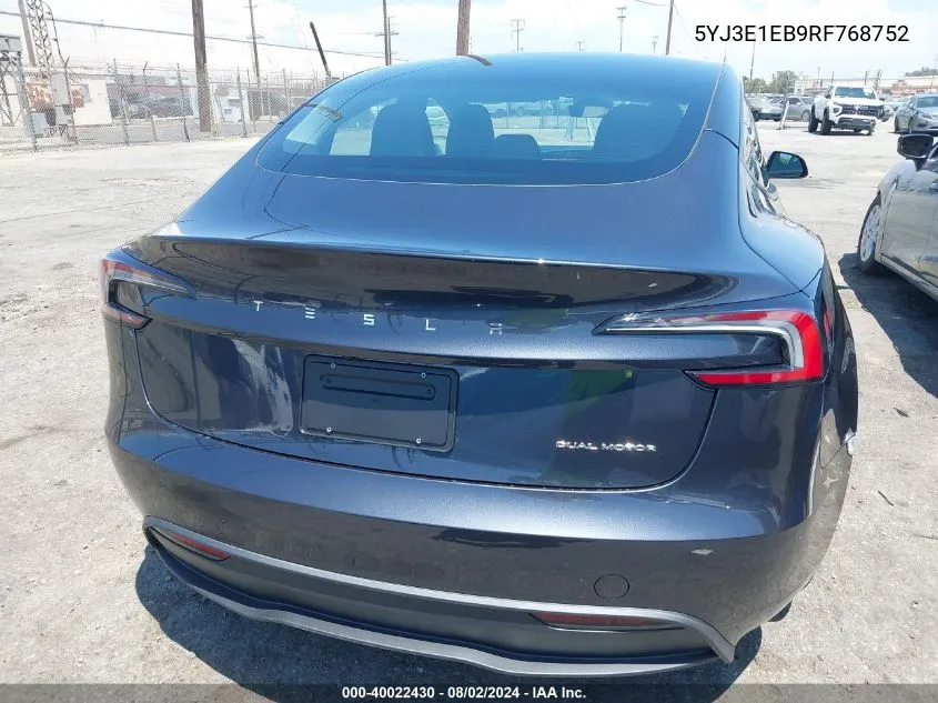 2024 Tesla Model 3 Long Range Dual Motor All-Wheel Drive VIN: 5YJ3E1EB9RF768752 Lot: 40022430