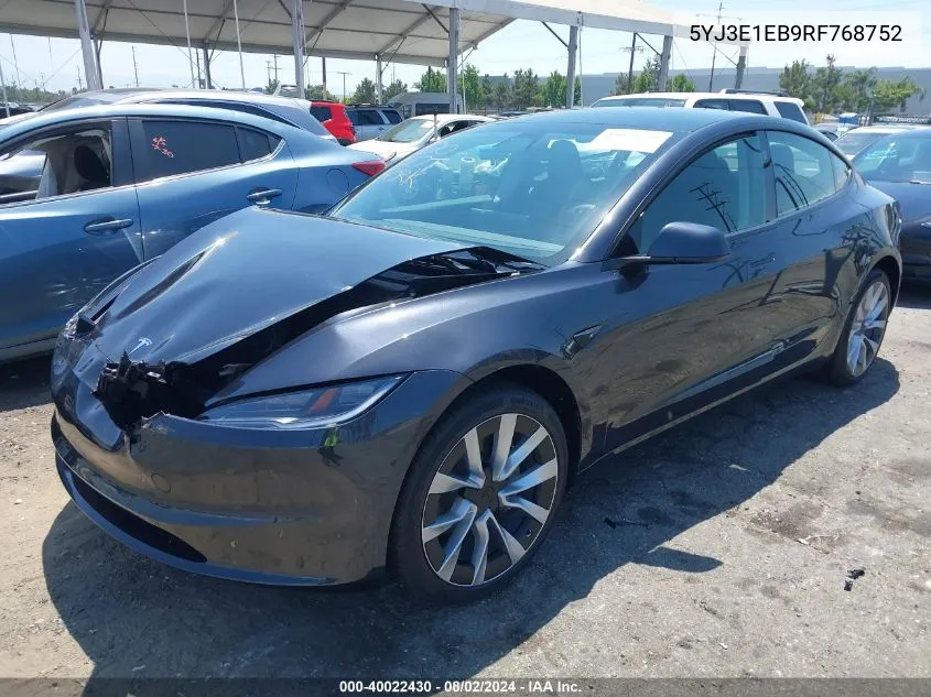 2024 Tesla Model 3 Long Range Dual Motor All-Wheel Drive VIN: 5YJ3E1EB9RF768752 Lot: 40022430