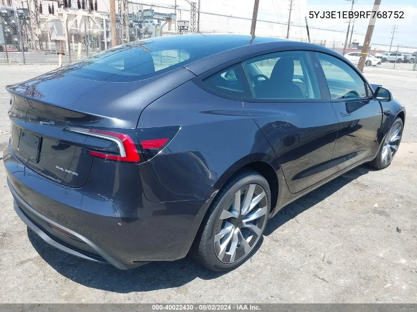 2024 Tesla Model 3 Long Range Dual Motor All-Wheel Drive VIN: 5YJ3E1EB9RF768752 Lot: 40022430