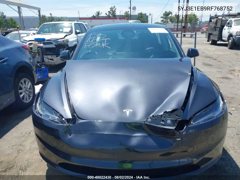 2024 Tesla Model 3 Long Range Dual Motor All-Wheel Drive VIN: 5YJ3E1EB9RF768752 Lot: 40022430