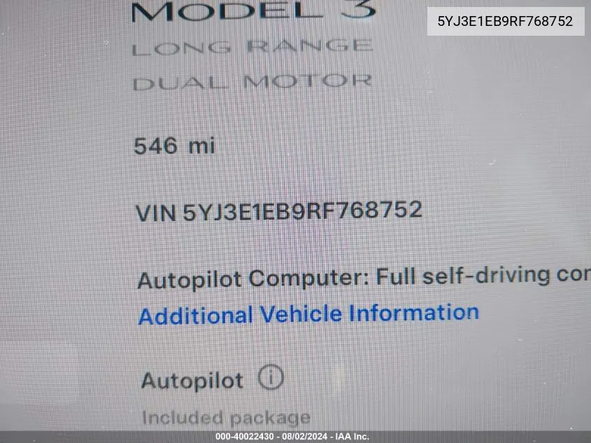 2024 Tesla Model 3 Long Range Dual Motor All-Wheel Drive VIN: 5YJ3E1EB9RF768752 Lot: 40022430