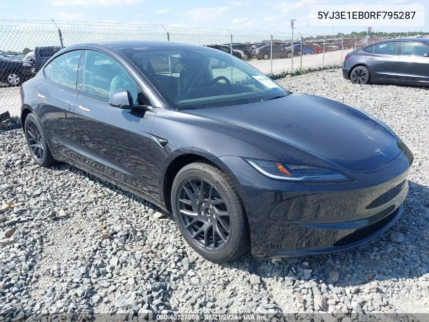 2024 Tesla Model 3 Long Range Dual Motor All-Wheel Drive VIN: 5YJ3E1EB0RF795287 Lot: 40127086