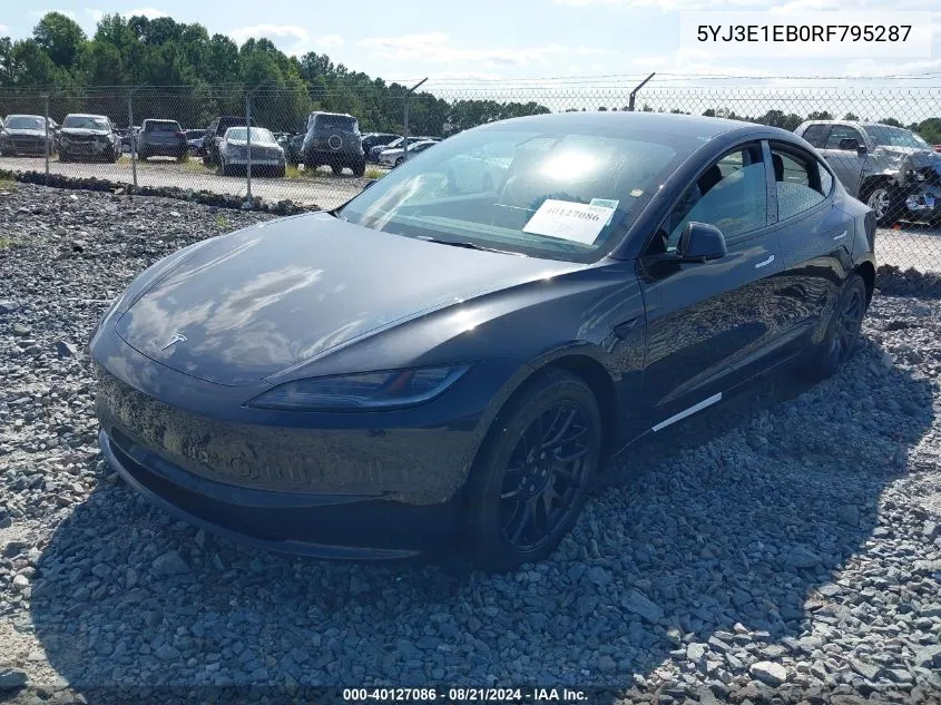 2024 Tesla Model 3 Long Range Dual Motor All-Wheel Drive VIN: 5YJ3E1EB0RF795287 Lot: 40127086