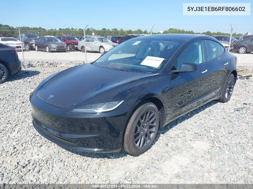 2024 Tesla Model 3 Long Range Dual Motor All-Wheel Drive VIN: 5YJ3E1EB6RF806602 Lot: 40127091