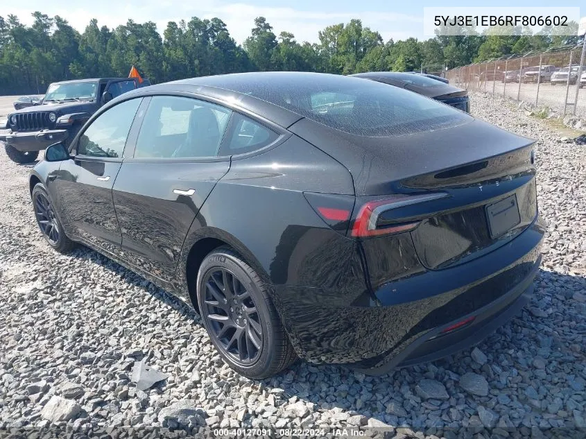 2024 Tesla Model 3 Long Range Dual Motor All-Wheel Drive VIN: 5YJ3E1EB6RF806602 Lot: 40127091