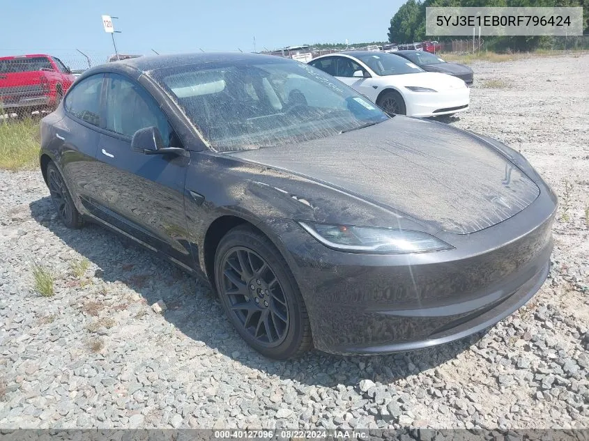 2024 Tesla Model 3 Long Range Dual Motor All-Wheel Drive VIN: 5YJ3E1EB0RF796424 Lot: 40127096