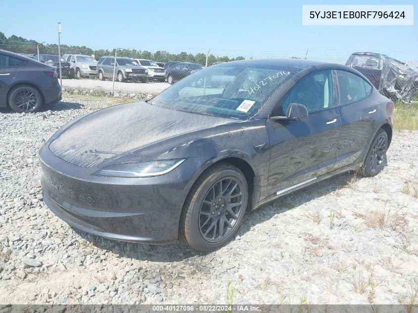 2024 Tesla Model 3 Long Range Dual Motor All-Wheel Drive VIN: 5YJ3E1EB0RF796424 Lot: 40127096