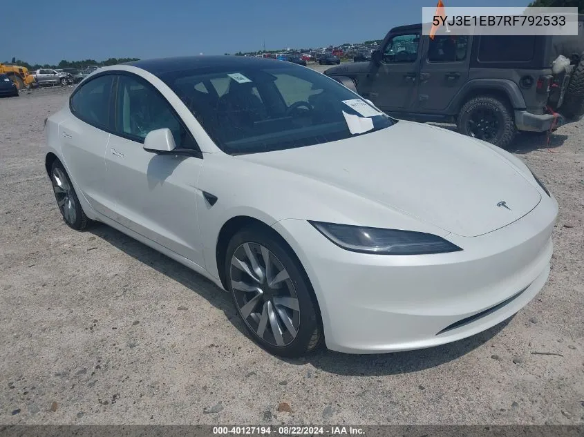 2024 Tesla Model 3 Long Range Dual Motor All-Wheel Drive VIN: 5YJ3E1EB7RF792533 Lot: 40127194