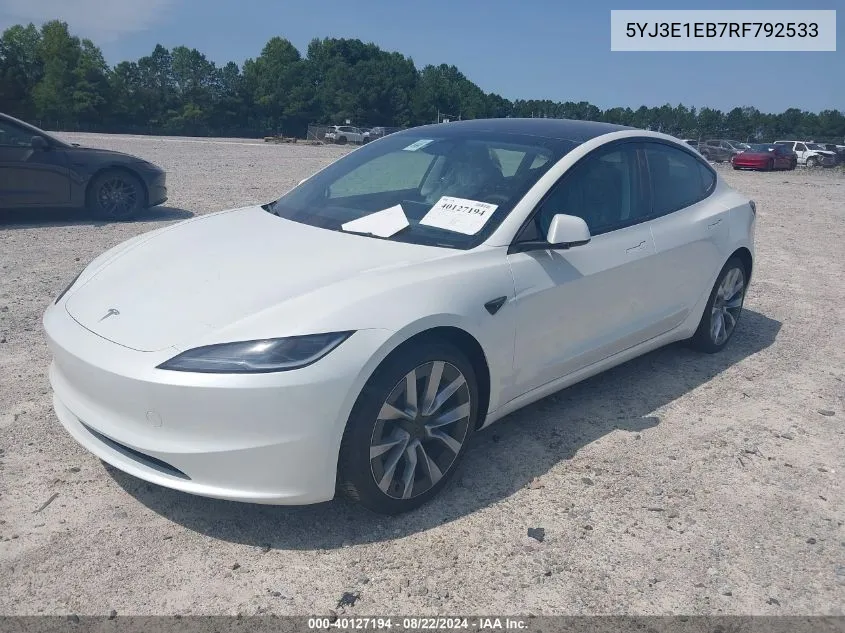 2024 Tesla Model 3 Long Range Dual Motor All-Wheel Drive VIN: 5YJ3E1EB7RF792533 Lot: 40127194