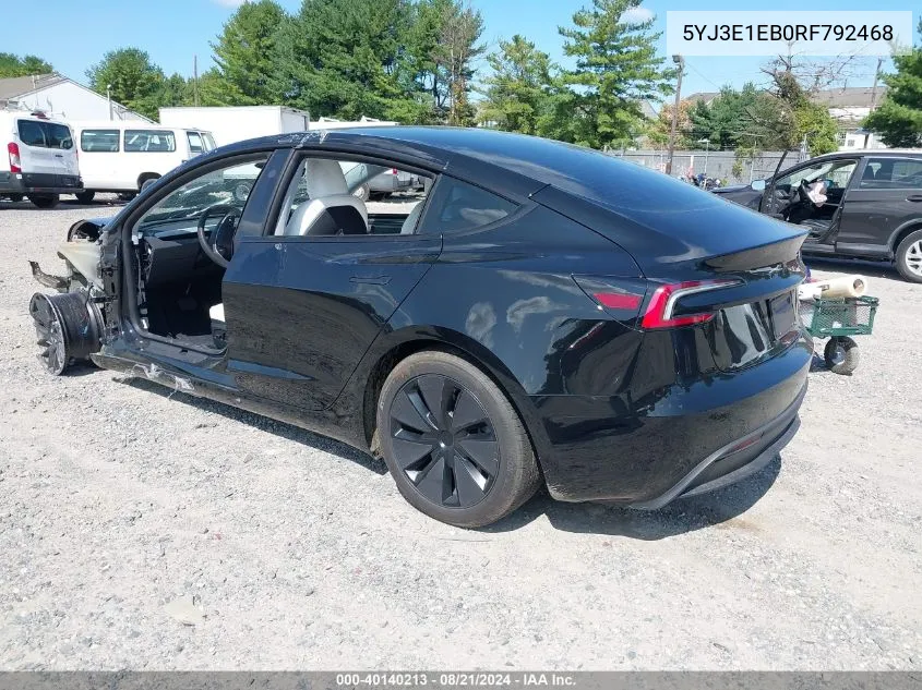 2024 Tesla Model 3 Long Range Dual Motor All-Wheel Drive VIN: 5YJ3E1EB0RF792468 Lot: 40140213