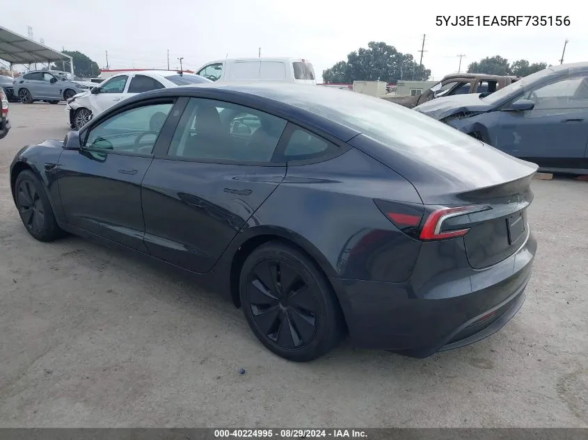 2024 Tesla Model 3 Rear-Wheel Drive VIN: 5YJ3E1EA5RF735156 Lot: 40224995