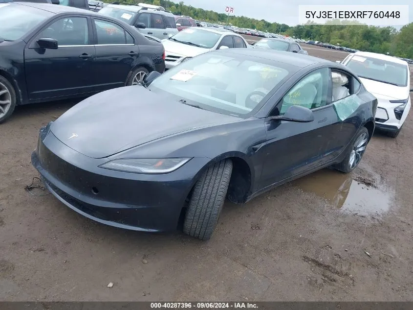 2024 Tesla Model 3 Long Range Dual Motor All-Wheel Drive VIN: 5YJ3E1EBXRF760448 Lot: 40287396