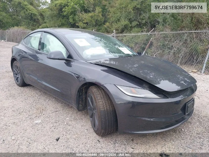 2024 Tesla Model 3 Long Range Dual Motor All-Wheel Drive VIN: 5YJ3E1EB3RF759674 Lot: 40296940