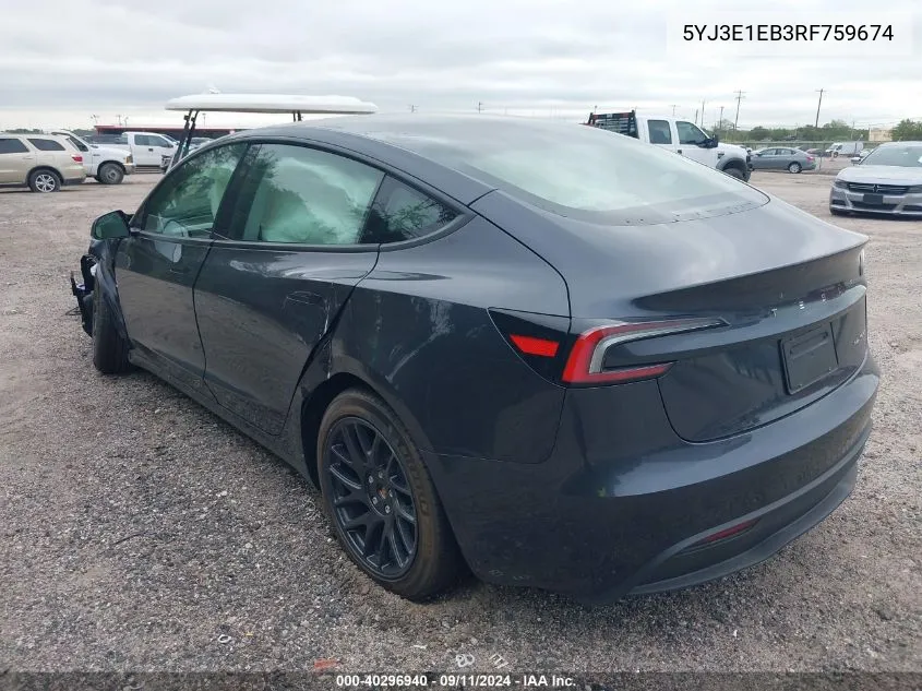 2024 Tesla Model 3 Long Range Dual Motor All-Wheel Drive VIN: 5YJ3E1EB3RF759674 Lot: 40296940