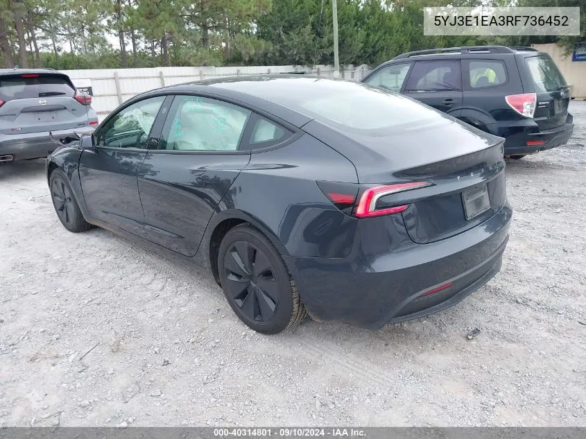 5YJ3E1EA3RF736452 2024 Tesla Model 3 Rear-Wheel Drive