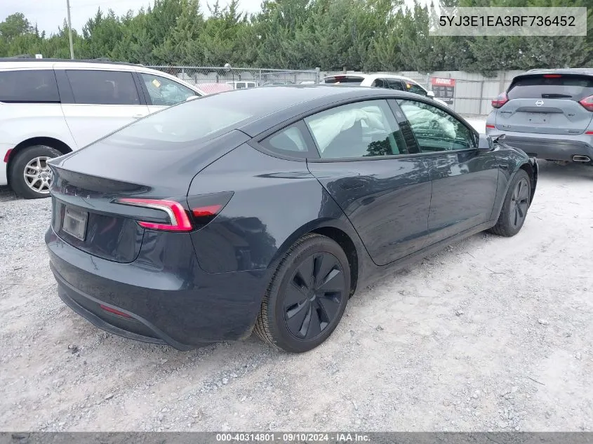 2024 Tesla Model 3 Rear-Wheel Drive VIN: 5YJ3E1EA3RF736452 Lot: 40314801