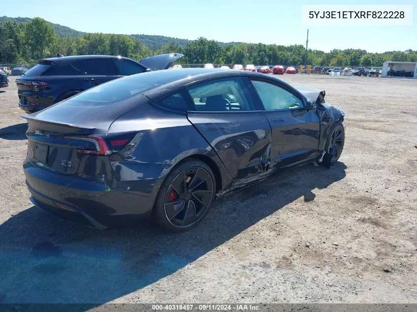 2024 Tesla Model 3 Performance VIN: 5YJ3E1ETXRF822228 Lot: 40318457